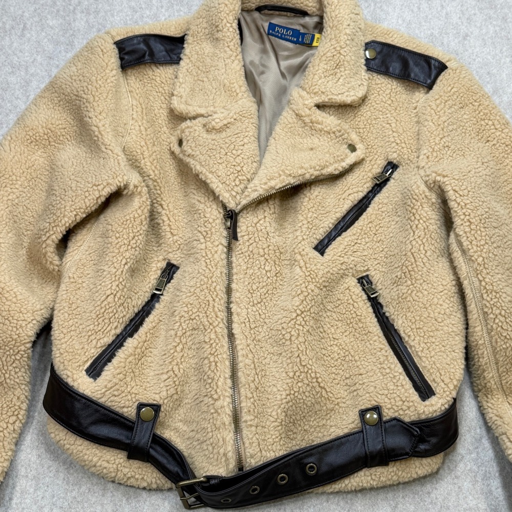 Polo Ralph Lauren Sherpa Moto Jacket Womens L Tan Off Duty Model Chic Streetwear